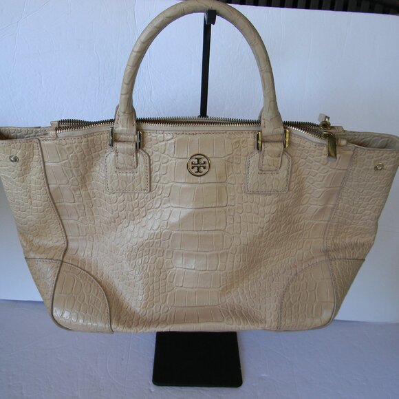Tory Burch Handbags - TORY BURCH BEIGE CROC EMBOSSED LEATHER SATCHEL TOTE TRIPLE COMPARTMENT